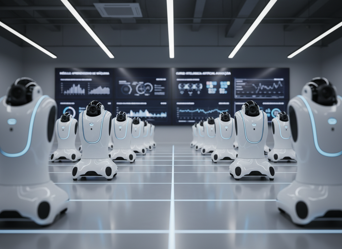 A futuristic AI learning environment featuring neatly arranged autonomous mobile robots, each with smooth white casings, subtle blue LED accents, and visible sensor arrays, positioned on a polished light-gray floor with grid markings. Around them, large wall-mounted displays show Portuguese-language AI course modules and real-time performance graphs. Overhead, linear LED fixtures cast even, neutral light that highlights the robots’ curves and smooth textures without harsh shadows. The scene feels structured, professional, and experimental, emphasizing hands-on AI education. Captured from a low-angle, wide-lens perspective to make the robots appear prominent in the foreground, with the instructional displays slightly out of focus behind them. The photographic realism and precise composition communicate technological sophistication and rigorous training.