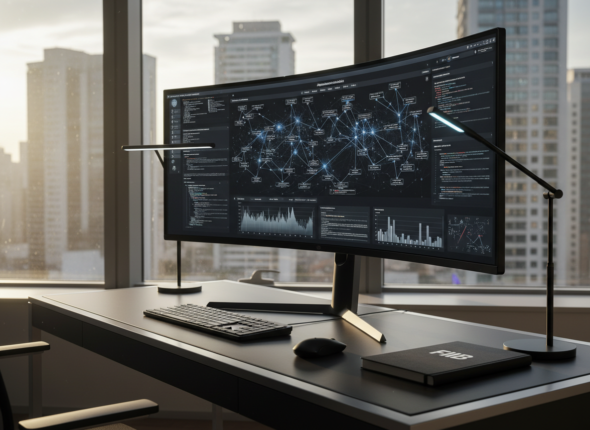 A meticulously organized AI research workspace centered on an ultra-wide, bezel-less monitor displaying complex neural network diagrams, charts, and code in Portuguese. The monitor sits on a slim, matte-black desk with a brushed aluminum finish, accompanied by a minimalist keyboard and a single closed notebook with a subtle FIIB-style logo. Behind, a floor-to-ceiling window reveals a softly blurred Brazilian city skyline with contemporary high-rises. Natural late-afternoon light streams in, balanced by a cool desk lamp, creating gentle contrast and crisp reflections on the desktop. The atmosphere is focused and professional, ideal for advanced AI learning. Shot from a three-quarter angle at desk height, with shallow depth of field isolating the workspace, in a clean, modern photographic aesthetic.
