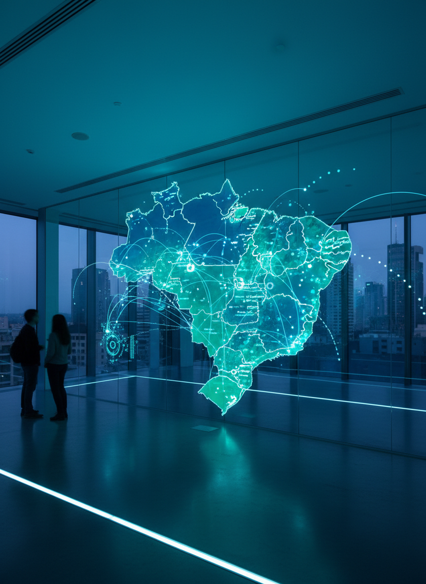 A large, high-resolution digital map of Brazil displayed on a wall-filling transparent screen, each region subtly highlighted with different shades of blue and emerald green, overlaid with glowing AI data nodes and connecting lines. The screen stands in a minimalist, glass-walled innovation lab featuring polished concrete floors and discreet built-in LED floor lighting. Soft, cool overhead light blends with the gentle glow from the screen, casting faint reflections on the floor. The mood is strategic and visionary, emphasizing national-scale AI transformation. Captured from a slightly elevated angle with the map framed by clean architectural lines, the composition uses the rule of thirds and photographic realism to suggest Brazil’s emerging AI intelligence economy.